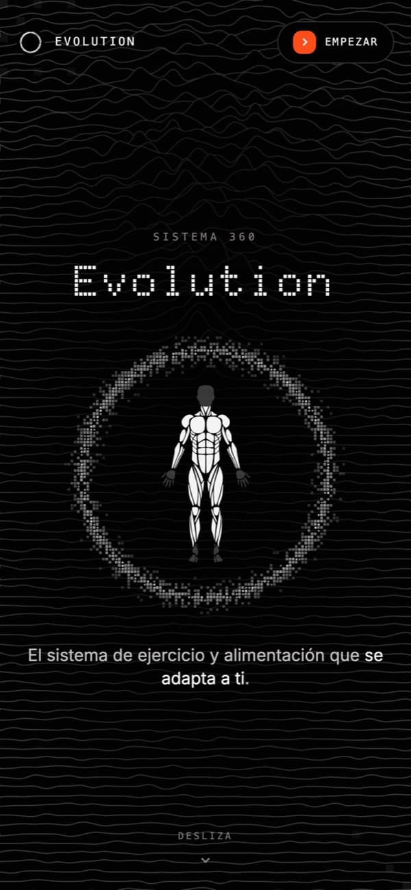 App Evolution de Vyron abierta en un celular, con el sistema de entrenamiento y alimentación que se adapta a ti