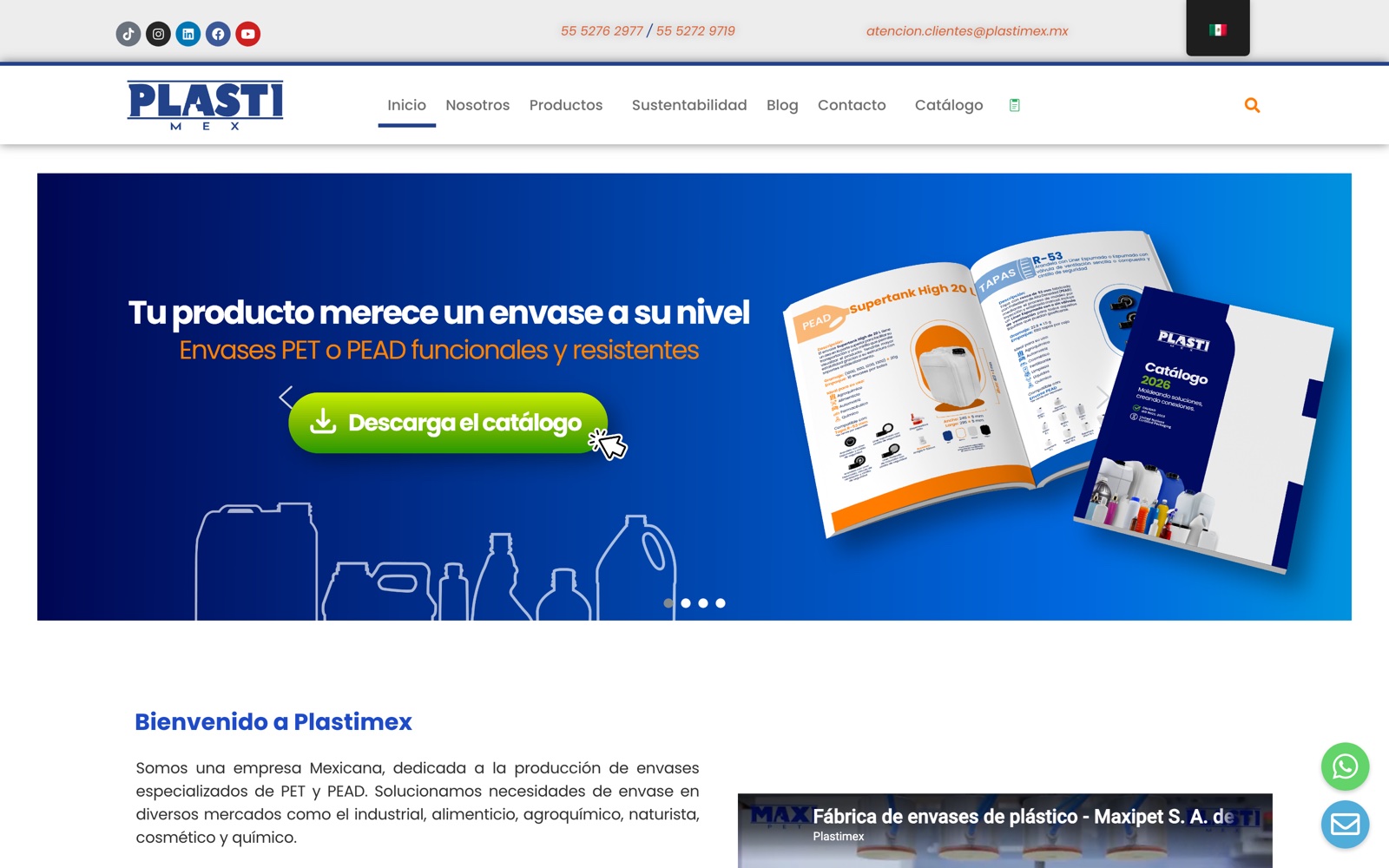 Sitio industrial de Plastimex construido por Vyron, con catálogo de envases PET y PEAD y descarga de catálogo