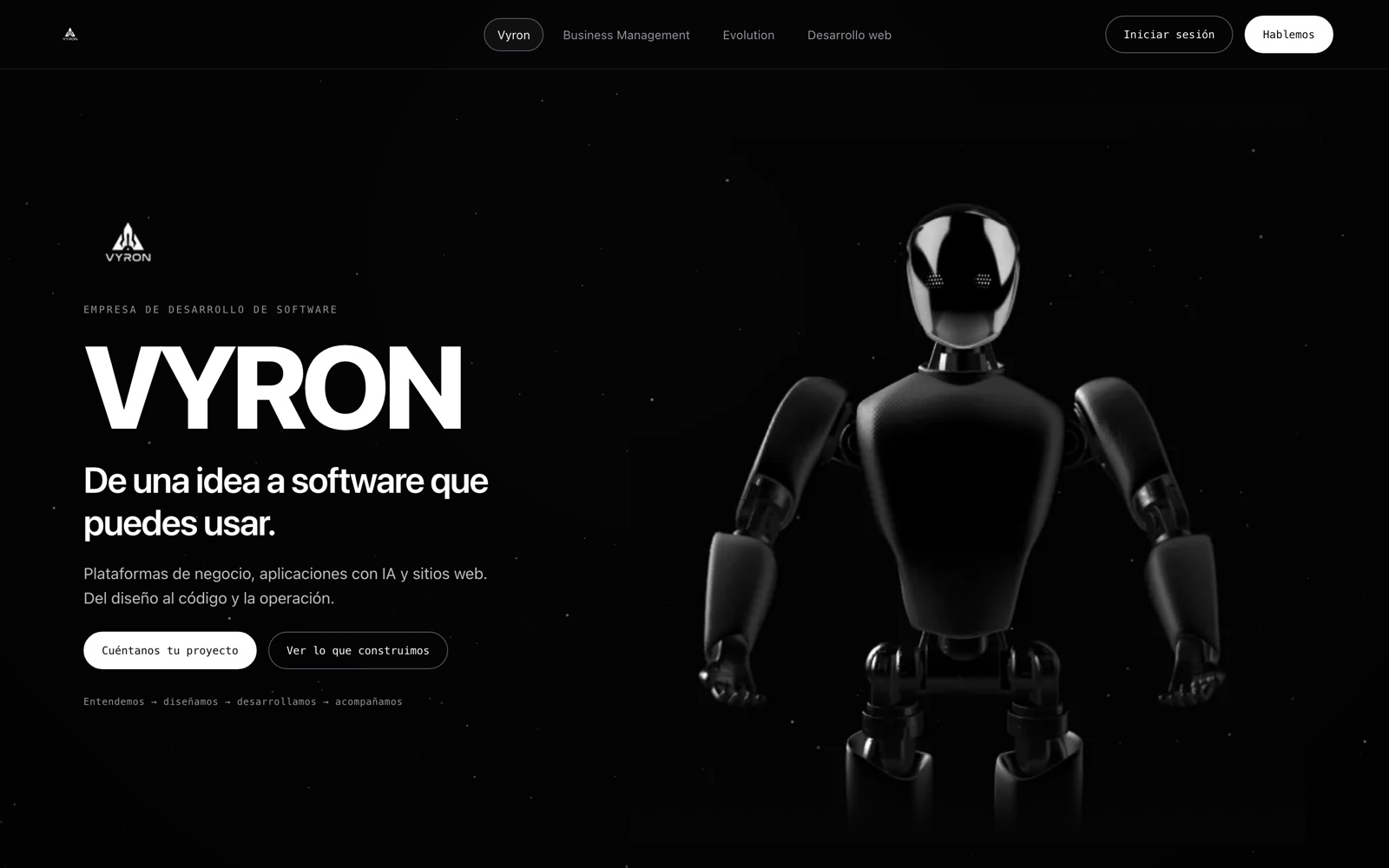 Portada de vyron.software, la página principal de Vyron, con un robot humanoide 3D en tiempo real y el titular De una idea a software que puedes usar